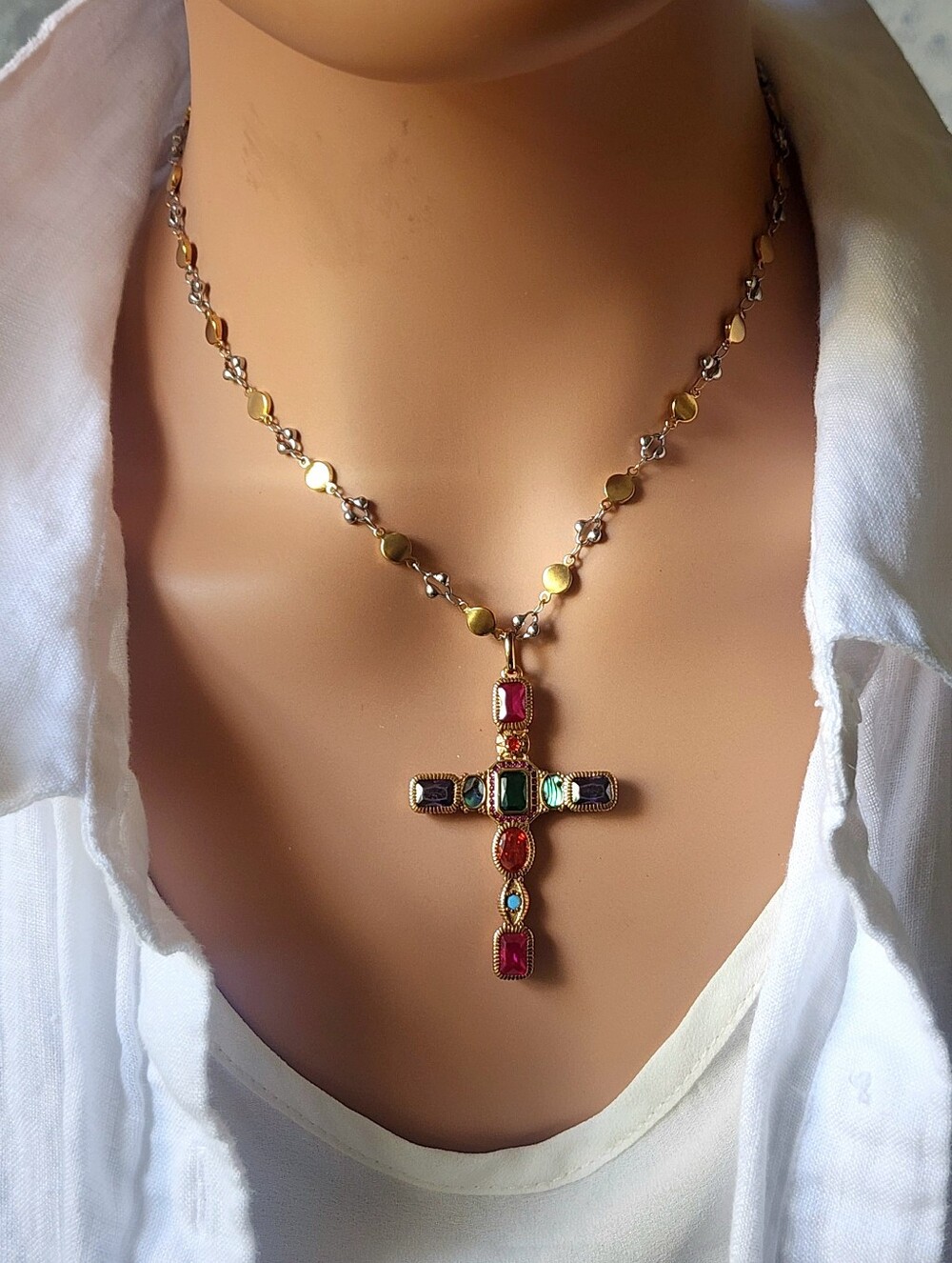 Sterling Silver Cross Vermil 18K Gold Plated Hypoallergenic Natural Spinel Gem
